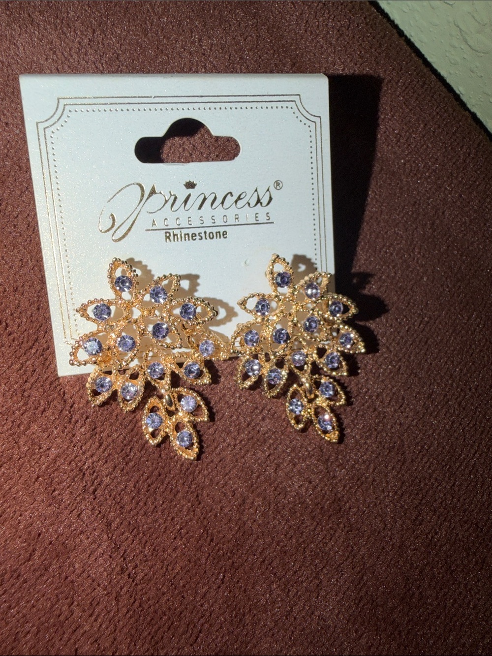 Princess Accessories Gold Floral Earrings with Lavender Rhinestones